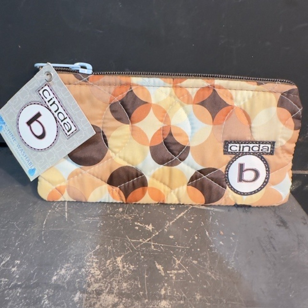Cinda B Quilted Cosmetic Bag Pouch Earth Tones‎ Circles Print Zippered Travel